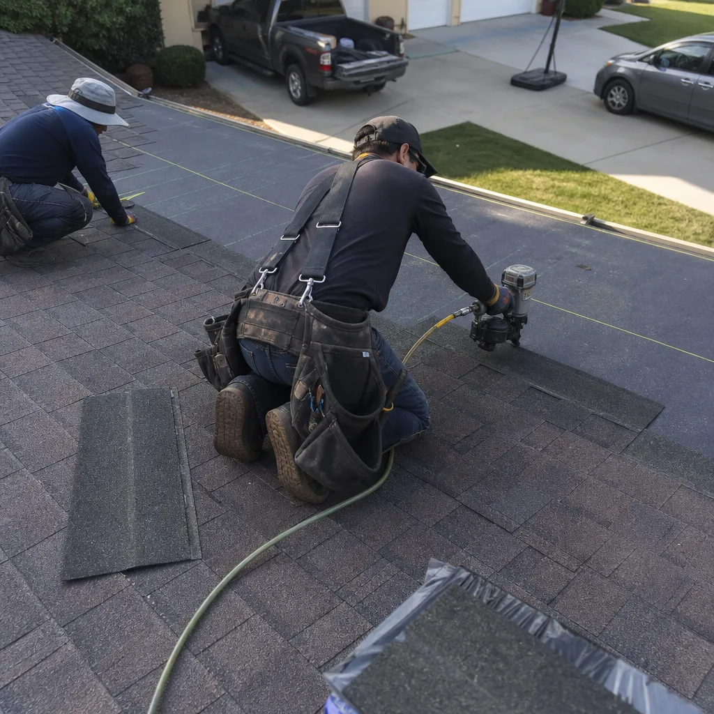 Two professional roofers installing asphalt shingles on a residential roof