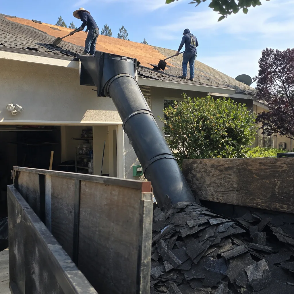 Roofers removing old shingles with a debris chute into a dumpster